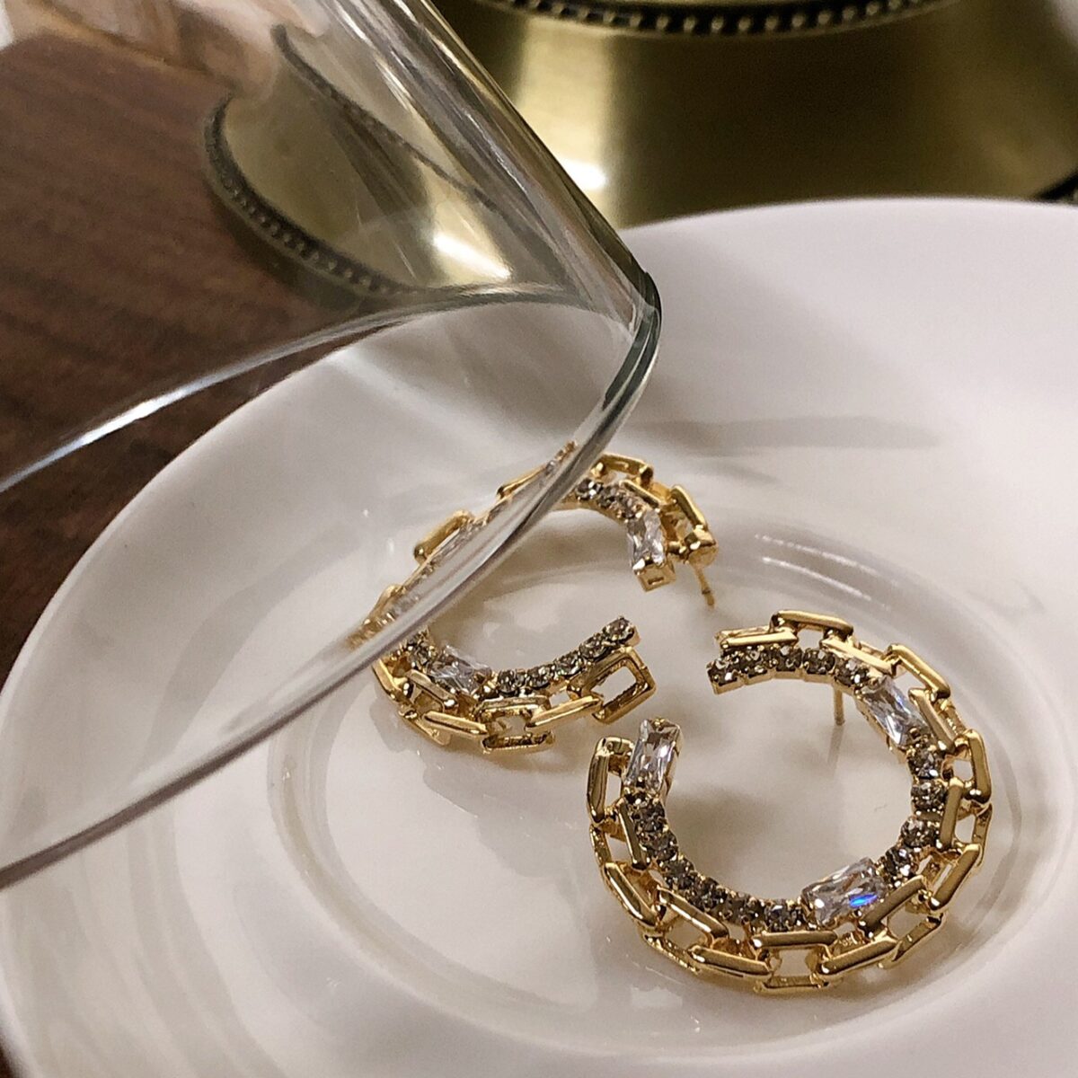 鍊條C圈鑲鑽耳環