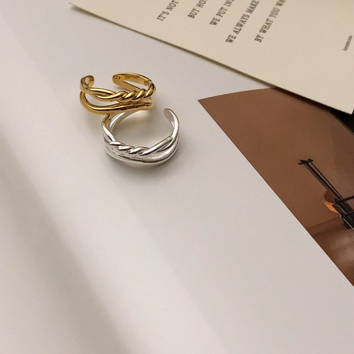 純銀雙層單麻花戒指