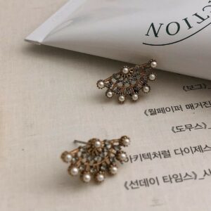 復古扇形灰鑽小珍珠耳環