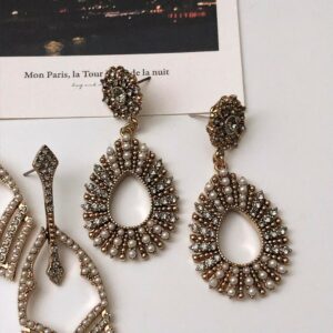 復古橢圓小珍珠灰鑽耳環