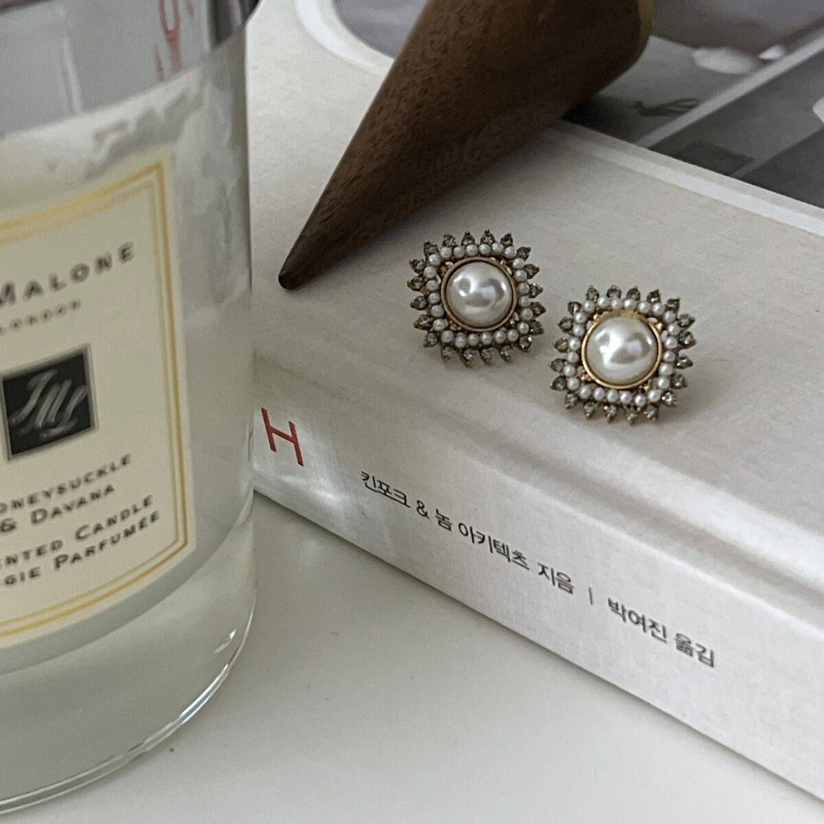 復古小珍珠鑽圍邊珍珠耳環