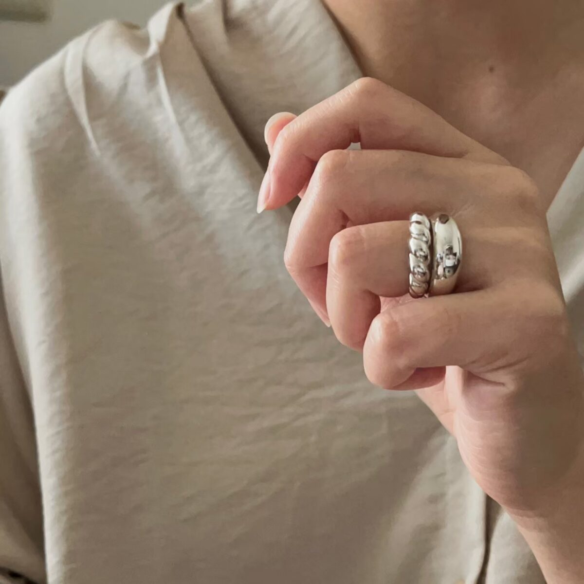 純銀厚實麻花雙層戒指